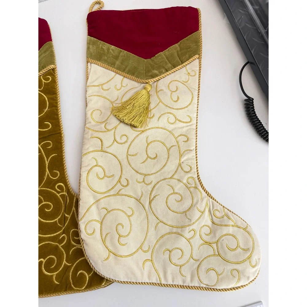 Set of 2 Velvet Christmas Stockings Gold Embroidered Swirl Tassel Holiday Decor
